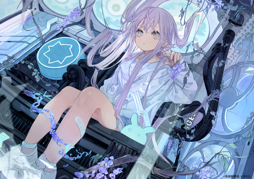 1girl absurdres arm_up broken broken_chain chain commentary_request copyright_name flower grey_eyes hair_spread_out highres legs long_hair long_sleeves looking_at_viewer original parted_lips purple_flower purple_hair sitting solo tokiwata_soul very_long_hair white_footwear