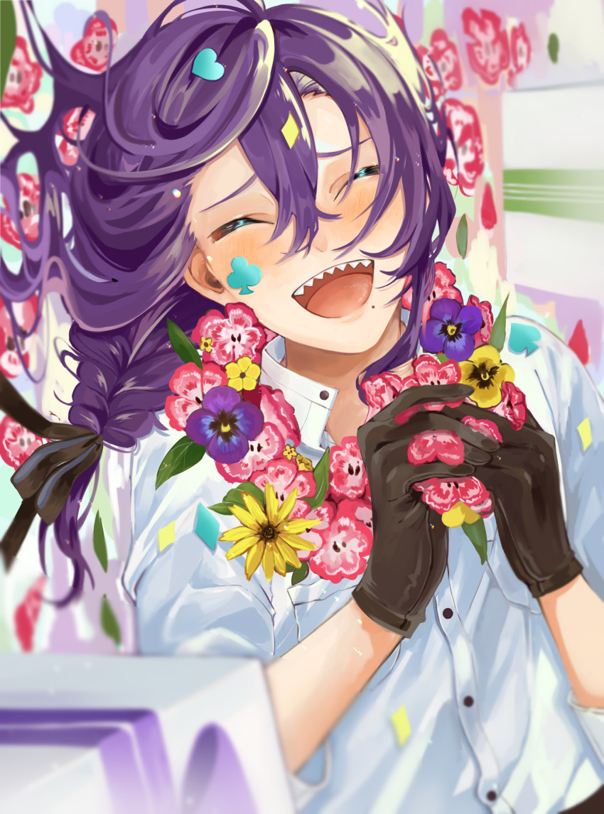 1boy androgynous ayase_mayoi black_gloves black_ribbon braid closed_eyes confetti ensemble_stars! flower gloves gomasio_kiui hair_ribbon heart highres long_hair male_focus mole mole_under_mouth open_mouth purple_flower purple_hair red_flower ribbon sharp_teeth shirt short_sleeves smile solo teeth white_shirt yellow_flower