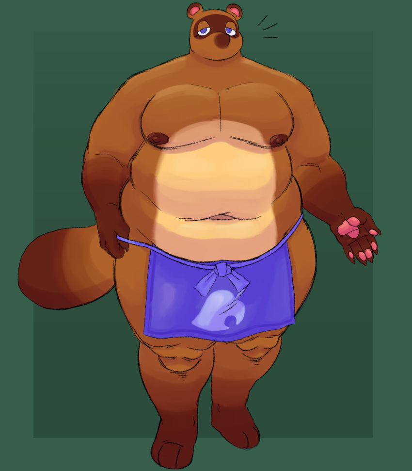 3_toes 5_fingers absurd_res alnoodle animal_crossing anthro apron apron_only belly belly_overhang belly_rolls big_belly blue_apron blue_eyes brown_body brown_fur bulge canid canine clothed clothing countershade_fur countershade_torso countershading deep_navel digital_drawing_(artwork) digital_media_(artwork) feet fingers front_view full-length_portrait fur gradient_background green_background hi_res male mammal moobs navel nintendo nipples overweight overweight_anthro overweight_male pawpads pink_pawpads portrait raccoon_dog simple_background small_head snout solo standing tail tan_body tan_countershading tan_fur tanuki toes tom_nook_(animal_crossing) topless