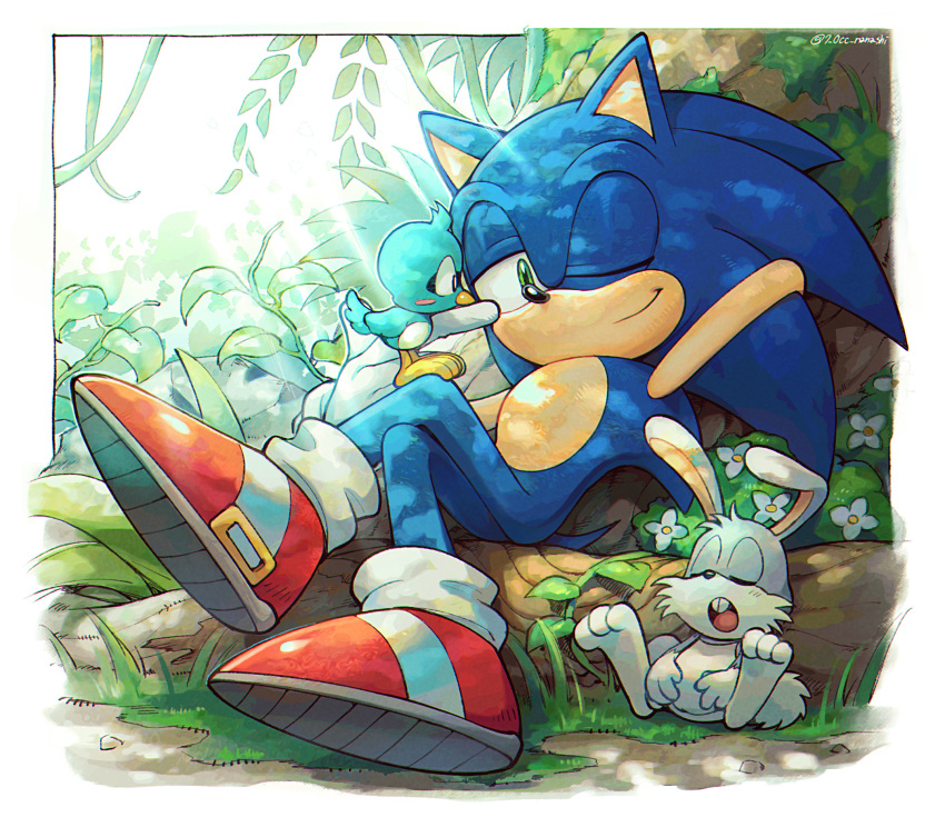 1boy animal_feet bird closed_eyes crossed_legs flicky_(character) gloves grass green_eyes highres male_focus one_eye_closed pocky_(sonic) quill rabbit shoes show_chiku-by sleeping smile sonic_(series) sonic_the_hedgehog sunlight tail white_gloves