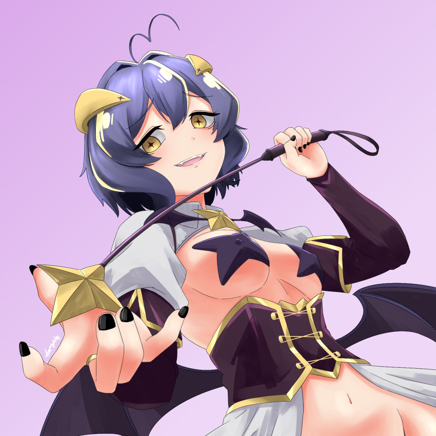 1girl absurdres ahoge black_hair black_nails breastless_clothes breasts corset covered_nipples cross-shaped_pupils cross_facial_mark cross_pasties demon_wings forward_facing_horns highres hiiragi_utena holding_riding_crop horns low_wings magia_baiser mahou_shoujo_ni_akogarete mutsuki_(mutsuki0110) navel pasties purple_corset purple_hair purple_pasties riding_crop short_hair showgirl_skirt small_breasts solo symbol-shaped_pupils white_shrug wings yellow_eyes yellow_horns