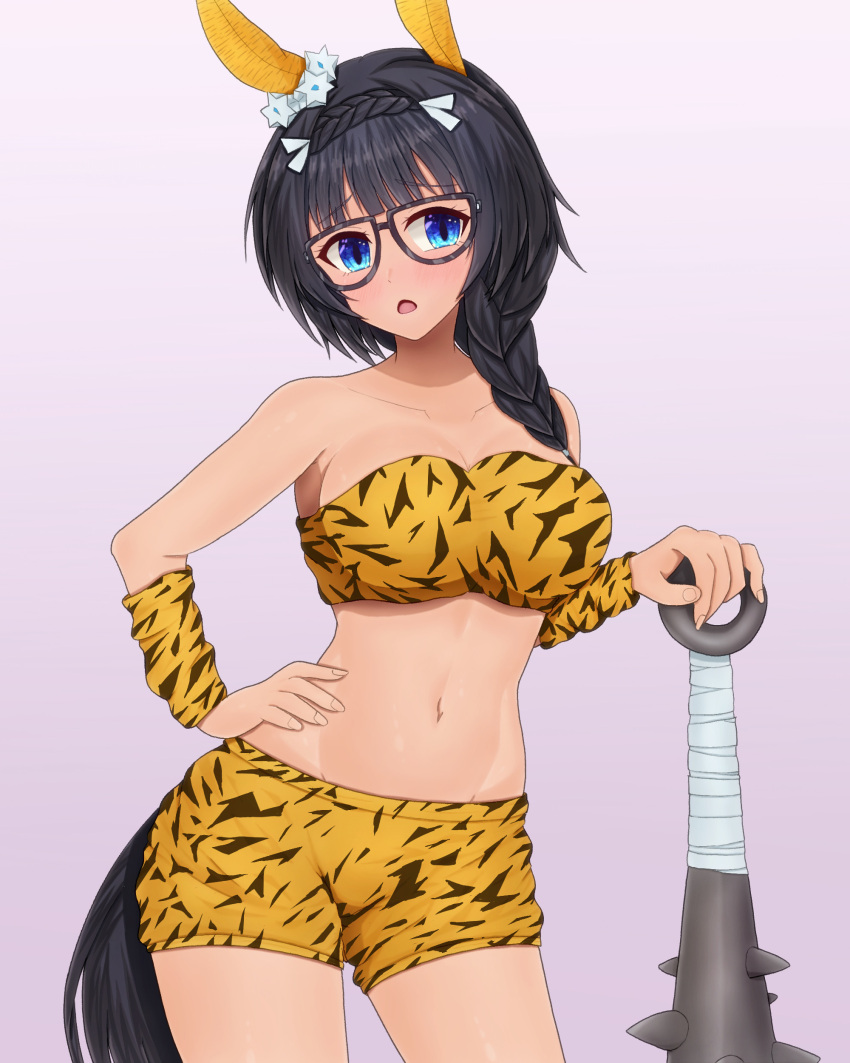 1girl absurdres alternate_costume animal_ears animal_print arm_behind_back bare_shoulders black_hair blue_eyes blush braid braided_ponytail breasts closed_mouth commentary_request cowboy_shot crop_top crown_braid ear_covers ear_ornament elbow_sleeve glasses gradient_background hair_between_eyes hand_on_own_hip highres horse_ears horse_girl horse_tail large_breasts long_hair looking_at_viewer m172/minatsu midriff navel short_shorts shorts smile solo tail tiger_print umamusume zenno_rob_roy_(umamusume)