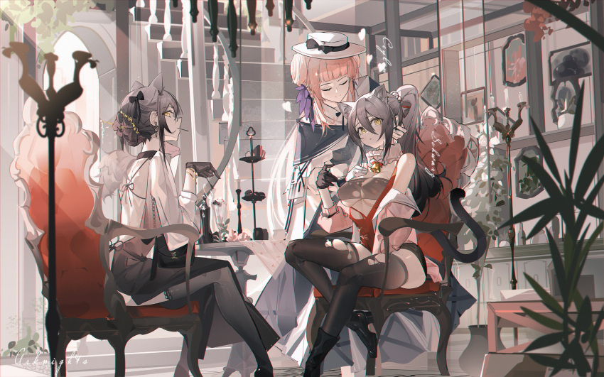 3girls absurdres alternate_costume animal_ears arknights backless_dress backless_outfit bandeau bare_shoulders bell black_bag black_bow black_dress black_footwear black_gloves black_shorts blue_dress bow breasts candlestand cat_ears cat_girl cat_tail ceylon_(arknights) chair cleavage closed_eyes closed_mouth commentary_request cup dress gloves gradient_dress grey_bandeau grey_hair grey_thighhighs hair_between_eyes hand_on_another's_head heart high_heels highres holding holding_cup indoors jacket krao long_hair looking_at_viewer mouth_hold multiple_girls neck_bell off_shoulder official_alternate_costume open_clothes open_jacket pink_hair pink_jacket railing schwarz_(arknights) schwarz_(presents)_(arknights) shirt short_hair shorts sideways_glance sitting stairs stalk_in_mouth table tail teacup texas_(arknights) thighhighs tiered_tray torn_bandeau torn_clothes torn_thighhighs underboob white_dress white_headwear white_shirt wolf_ears wolf_girl yellow_eyes