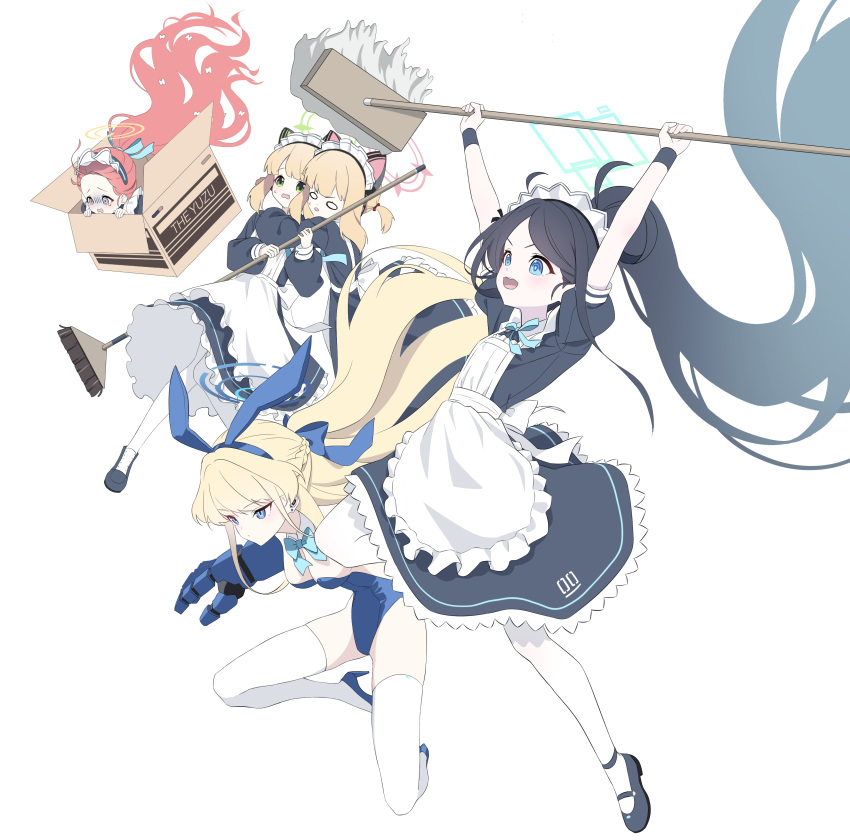 5girls absurdly_long_hair absurdres apron aqua_halo aqua_ribbon aris_(blue_archive) aris_(maid)_(blue_archive) black_hair black_wristband blue_archive blue_eyes commentary_request frilled_apron frills game_development_department_(blue_archive) green_halo halo highres holding holding_mop korean_commentary long_hair maid maid_apron maid_headdress midori_(blue_archive) midori_(maid)_(blue_archive) momoi_(blue_archive) momoi_(maid)_(blue_archive) mop multiple_girls official_alternate_costume open_mouth ponytail puffy_short_sleeves puffy_sleeves ribbon short_sleeves square_halo toki_(blue_archive) toki_(bunny)_(blue_archive) u.rang very_long_hair white_apron yuzu_(blue_archive) yuzu_(maid)_(blue_archive)