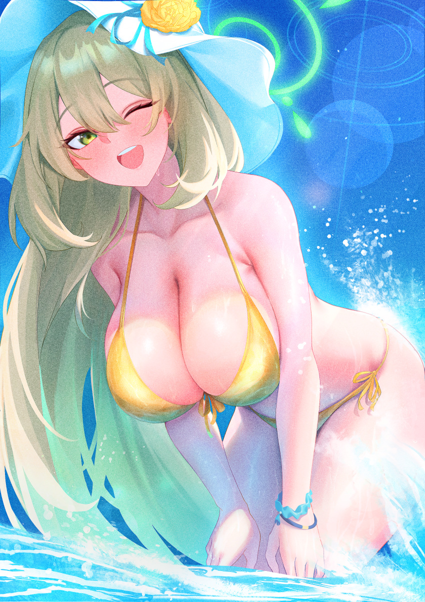 1girl ;d absurdres bare_shoulders bikini blue_archive blue_sky blush breasts cleavage collarbone day flower front-tie_bikini_top front-tie_top green_eyes green_halo hair_between_eyes halo hat hat_flower highres large_breasts leaning_forward lens_flare light_brown_hair long_hair nonomi_(blue_archive) nonomi_(swimsuit)_(blue_archive) ocean official_alternate_costume one_eye_closed open_mouth outdoors scrunchie side-tie_bikini_bottom sky smile solo st_r string_bikini sun_hat swimsuit very_long_hair wading wrist_scrunchie yellow_bikini