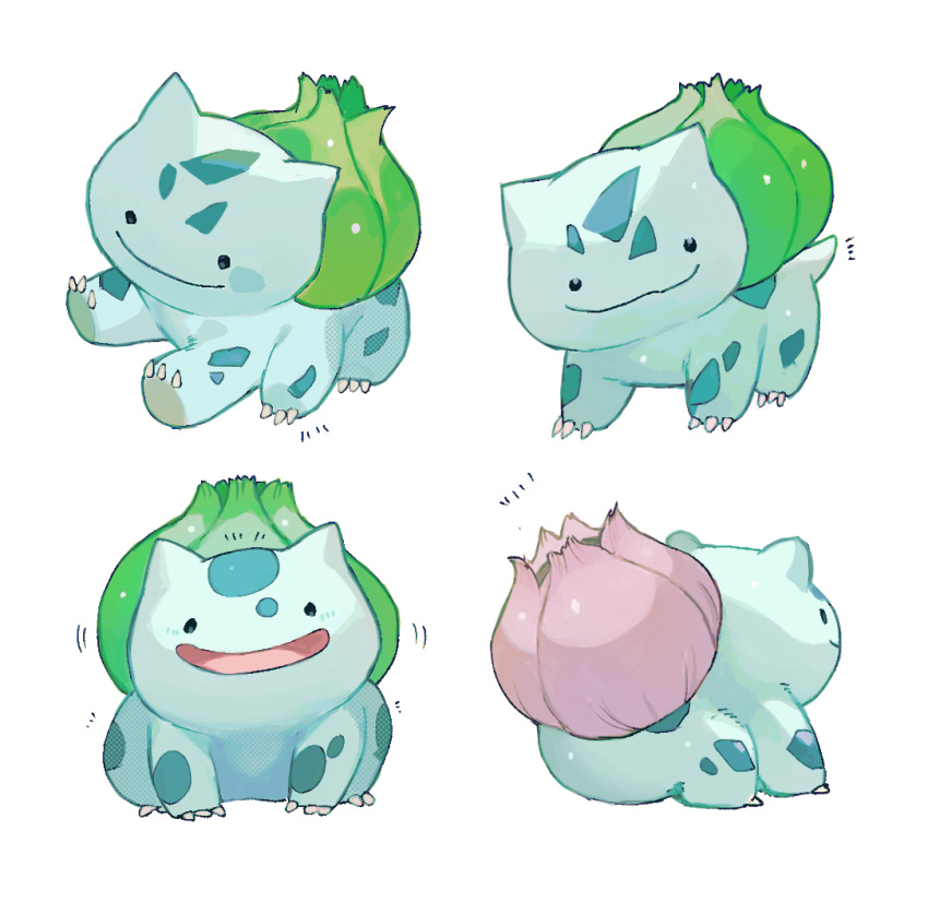 :d alternate_color animal_focus bulbasaur closed_mouth ditto extra_legs looking_at_viewer multiple_views newo_(shinra-p) no_humans open_mouth pokemon pokemon_(creature) simple_background sitting smile tail white_background