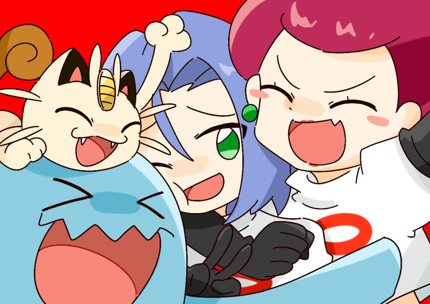 1boy 1girl blue_eyes blue_hair chibi green_eyes happy james_(pokemon) jessie_(pokemon) meowth one_eye_closed pokemon pokemon_(anime) pokemon_(classic_anime) pokemon_(creature) red_background team_rocket umapoi wobbuffet worried