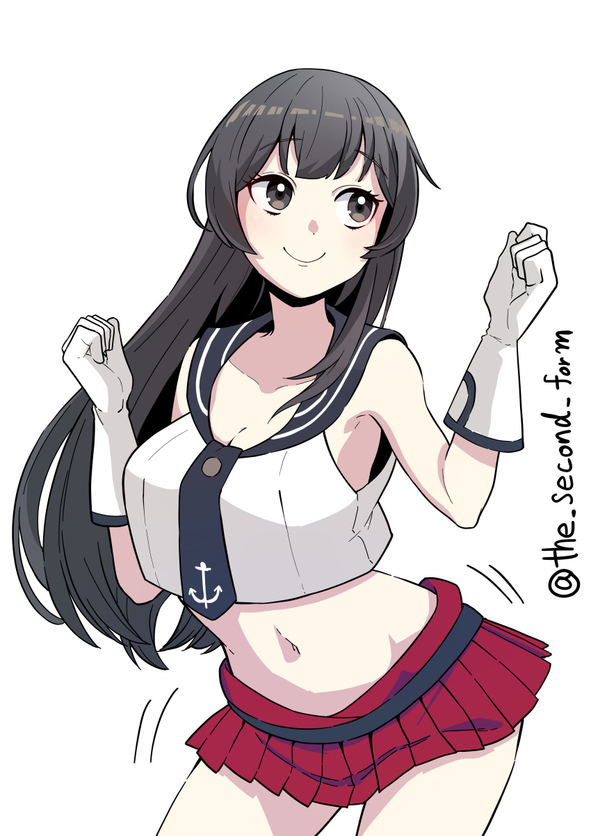 1girl absurdres agano_(kancolle) black_hair breasts cleavage clenched_hands contrapposto gloves grey_eyes highres kantai_collection large_breasts long_hair looking_to_the_side midriff navel necktie one-hour_drawing_challenge pleated_skirt red_skirt school_uniform serafuku simple_background skirt smile solo the_second_form twitter_username white_background white_gloves