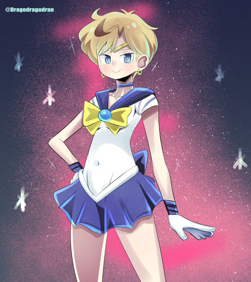 1girl artist_name bishoujo_senshi_sailor_moon blonde_hair blue_choker blue_eyes blue_sailor_collar blue_skirt bow bowtie choker circlet clothing_cutout collarbone dragodragodran earrings gloves gradient_background hand_on_own_hip highres jewelry looking_at_viewer magical_girl miniskirt navel_cutout outer_senshi pink_background sailor_collar sailor_senshi sailor_senshi_uniform sailor_uranus short_hair skirt smile solo ten'ou_haruka white_gloves yellow_bow yellow_bowtie