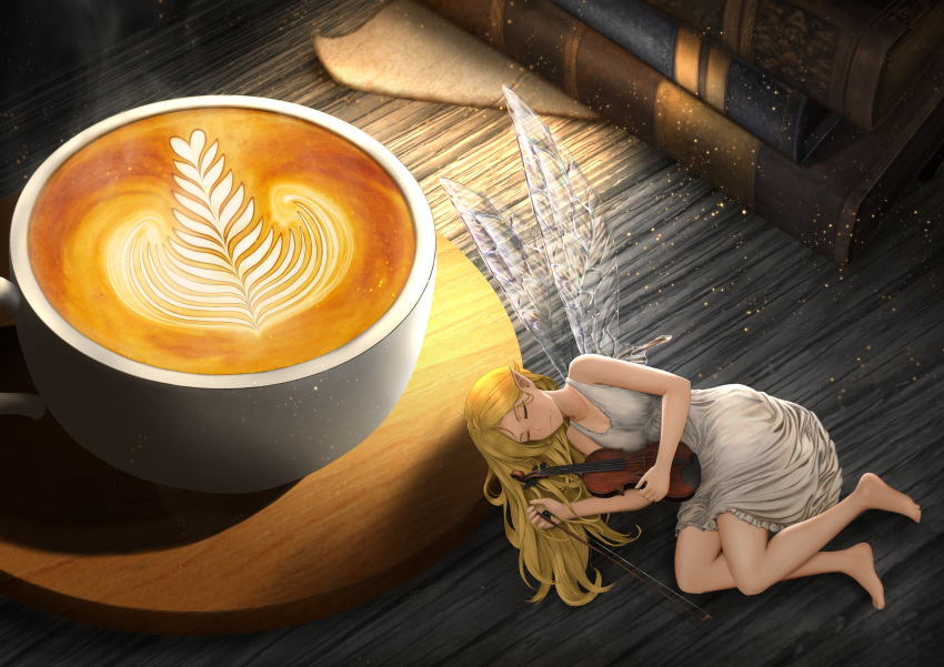 1girl absurdres bare_arms bare_legs bare_shoulders barefoot blonde_hair book bow_(music) breasts closed_eyes closed_mouth coffee coffee_cup cup disposable_cup dress fairy fairy_wings from_above full_body highres holding holding_bow_(music) holding_instrument holding_violin indoors instrument light_particles long_hair lying medium_breasts on_side original otter_paw_(otter696969) pointy_ears sleeping sleeveless sleeveless_dress solo table transparent_wings violin white_dress wings wooden_table
