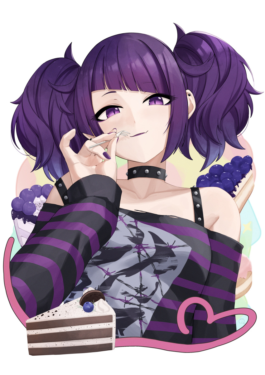 absurdres anhun blueberry blunt_bangs breasts cake cake_slice choker collarbone earrings food food-themed_background fork fruit highres holding holding_fork idolmaster idolmaster_shiny_colors jewelry light_smile long_sleeves looking_at_viewer medium_hair nail_polish off-shoulder_shirt off_shoulder purple_eyes purple_hair purple_lips purple_nails shirt short_twintails striped_clothes striped_shirt stud_earrings studded_choker tanaka_mamimi twintails upper_body