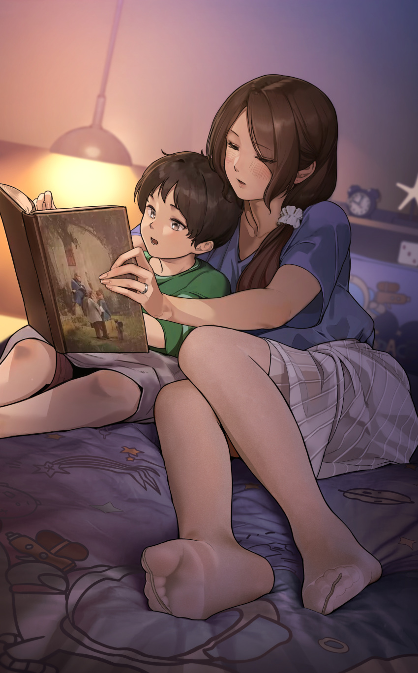 1boy 1girl absurdres bed black_hair blue_shirt book feet highres jewelry long_hair mature_female mother_and_son original ponytail reading ring shirt side_ponytail skirt soles toes wedding_ring yewang19