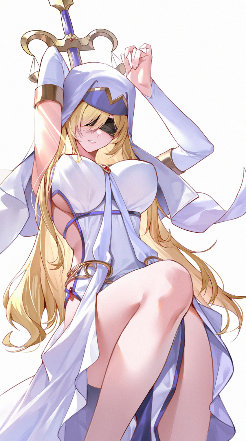 1girl arm_up black_blindfold blindfold blonde_hair blush breasts covered_eyes covered_nipples goblin_slayer! hair_between_eyes highres jewelry large_breasts long_hair parted_lips priestess smile solo sword_maiden very_long_hair white_veil yin_lan_xue