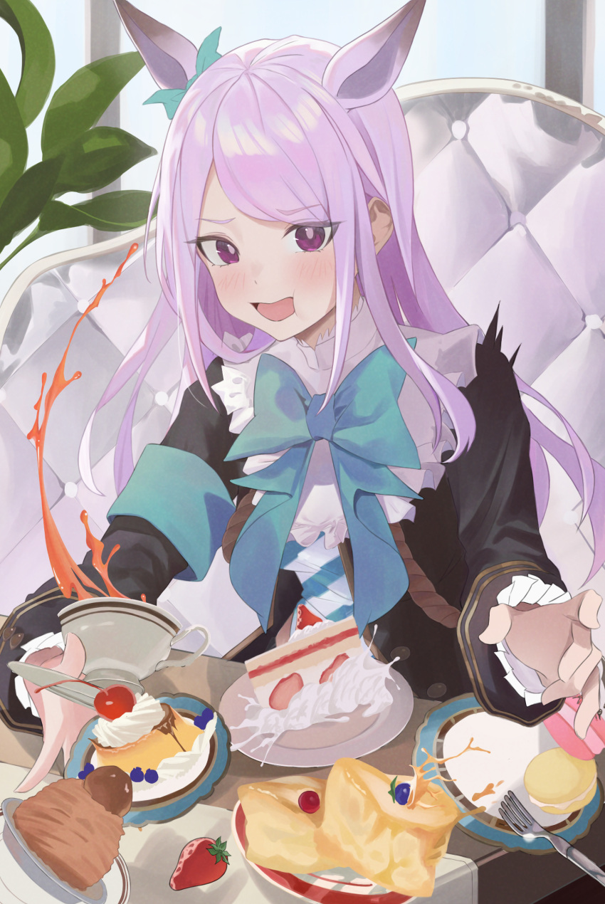 1girl animal_ears black_coat black_skirt blush bow cake cake_slice candy coat commentary_request cupcake ear_bow food fork highres holding holding_fork holding_plate horse_ears horse_girl horse_tail long_hair long_sleeves looking_at_viewer mejiro_mcqueen_(umamusume) midriff_peek open_mouth plate purple_eyes purple_hair shirt skirt solo sparkle spill striped_clothes striped_shirt sweets tail umamusume upper_body yoshitaka_(eriri_takadess)