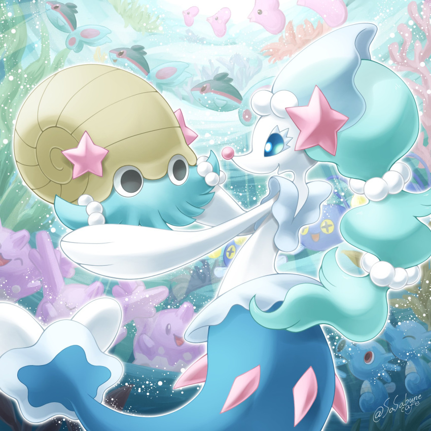 +_+ :d ^_^ aqua_hair artist_name beads black_eyes blue_eyes chinchou closed_eyes commentary_request coral corsola eyelashes finneon fish hair_beads hair_ornament happy highres holding holding_pokemon horsea long_hair looking_at_another luvdisc no_humans omanyte open_mouth pokemon pokemon_(creature) primarina red_eyes sasabunecafe seaweed signature smile starfish starfish_hair_ornament swimming twitter_username underwater water yellow_eyes