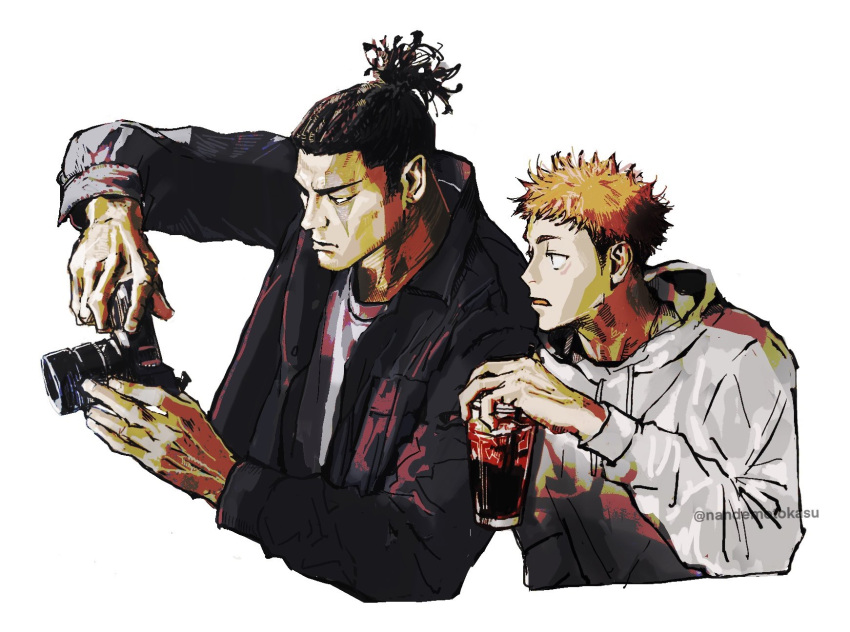 2boys alternate_costume black_hair camera cropped_torso cup highres holding holding_camera holding_cup itadori_yuuji jacket jujutsu_kaisen looking_ahead male_focus multiple_boys muscular muscular_male nandemotokasu scar scar_across_eye short_hair sideburns taking_picture toudou_aoi_(jujutsu_kaisen) undercut