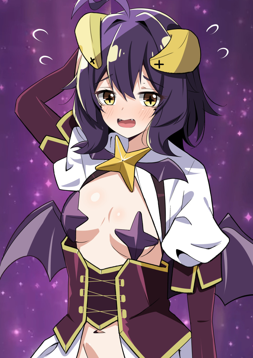 1girl absurdres ahoge arm_behind_head blush breasts corset cross-shaped_pupils demon_horns demon_wings elbow_gloves fangs flying_sweatdrops gloves highres horns hosinonana looking_at_viewer magia_baiser mahou_shoujo_ni_akogarete navel pasties purple_background purple_corset purple_gloves purple_hair shrug_(clothing) small_breasts star_pasties symbol-shaped_pupils upper_body wavy_mouth wings yellow_eyes