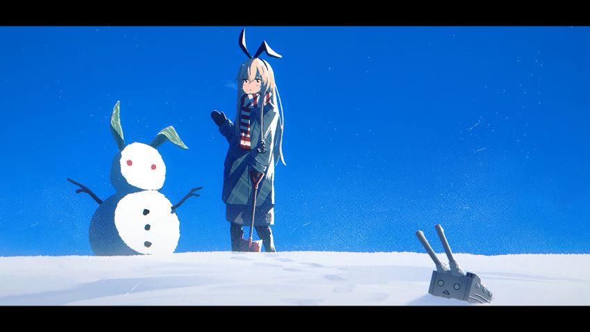 1girl black_mittens black_pantyhose blonde_hair blue_sky coat day green_coat hair_between_eyes highres i-coat kantai_collection long_hair long_sleeves mittens outdoors pantyhose rensouhou-chan scarf shimakaze_(kancolle) shovel sky snow snowman standing