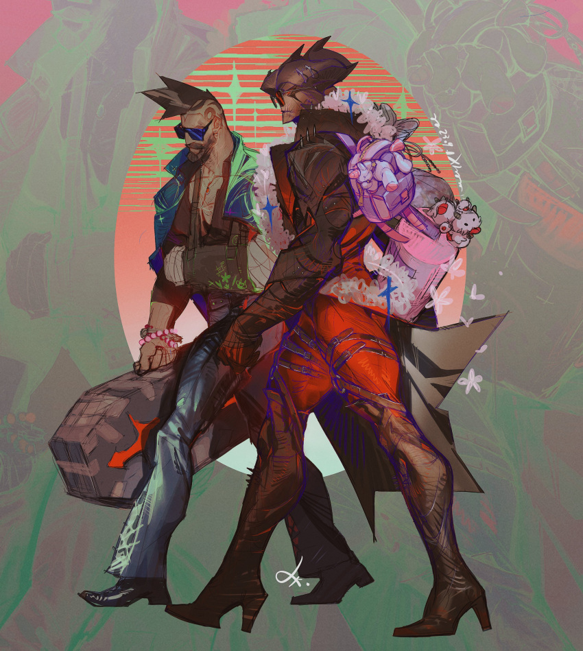 2boys aatrox absurdres alternate_costume backpack bag bandaged_arm bandages bara beard belt brown_hair contemporary curled_horns demon_boy demon_wings denim facial_hair from_side full_beard high_heels highres horns jeans large_pectorals league_of_legends looking_ahead male_focus mature_male monster_boy multiple_belts multiple_boys muscular muscular_male pantheon_(league_of_legends) pants pectoral_cleavage pectorals profile stuffed_animal stuffed_toy sunglasses thick_beard thick_eyebrows thick_thighs thighs walking wings xkov_(cerberuskeeper)