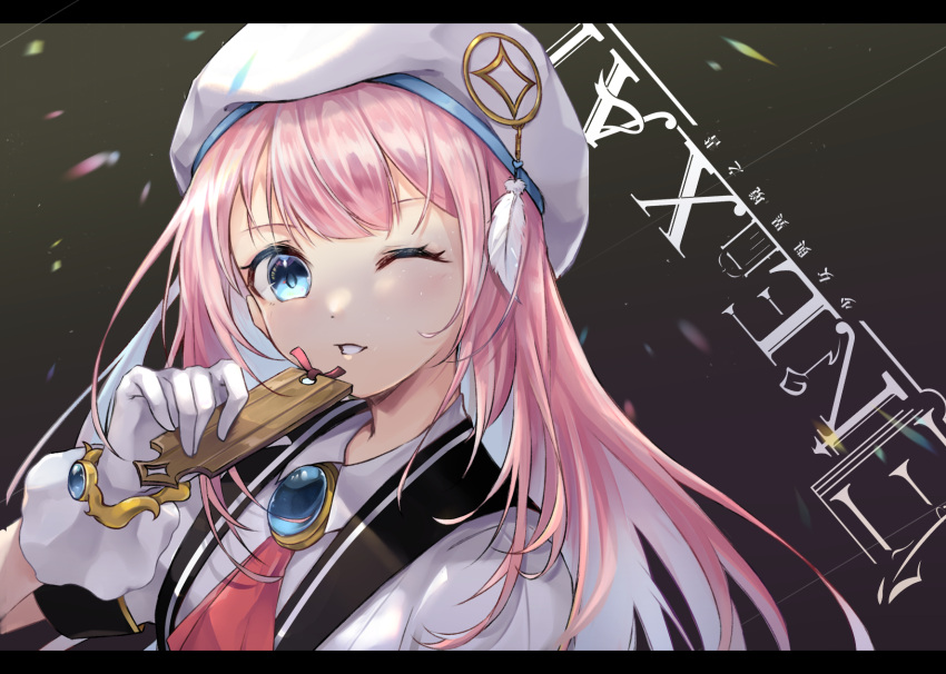 1girl ascot blue_eyes blush bracelet brooch collared_shirt feathers gloves hat hat_feather highres holding jewelry long_hair looking_at_viewer one_eye_closed original pink_hair shirt slime_(user_jpds8754) smile solo