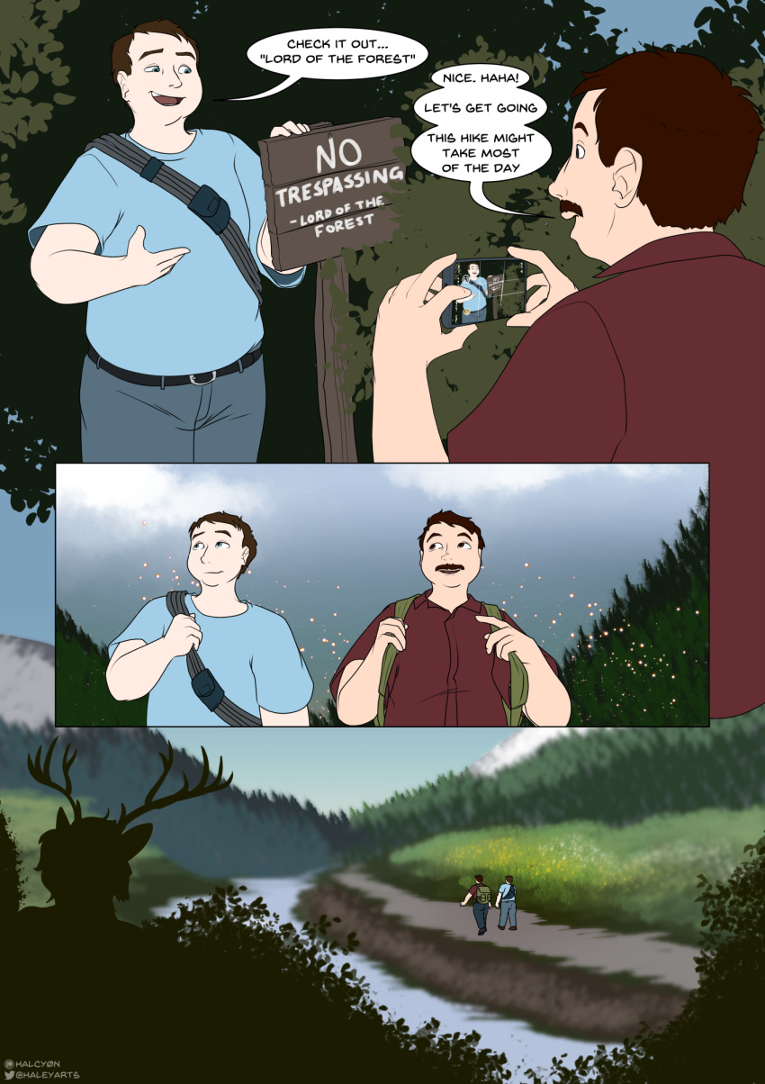 backpack belt blue_eyes brown_eyes brown_hair clothed clothing colored comic dialogue english_text forest hair halcy0n hi_res horn human male mammal plant speech_bubble text tree