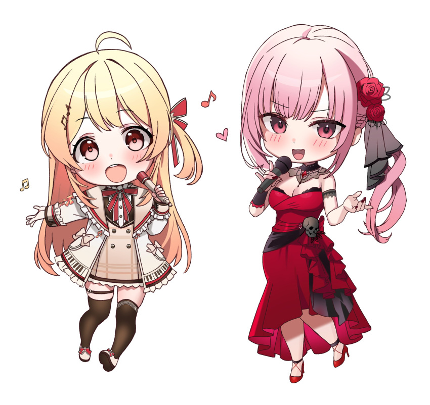 2girls ahoge blonde_hair breasts brown_thighhighs chibi cleavage dress flower hair_flower hair_ornament heart high_heels highres holding holding_microphone hololive hololive_dev_is hololive_english long_hair microphone mori_calliope mori_calliope_(3rd_costume) multiple_girls music musical_note musical_note_hair_ornament otonose_kanade pink_eyes pink_hair plaid plaid_dress red_dress red_eyes red_nails singing thigh_strap thighhighs virtual_youtuber yan.c