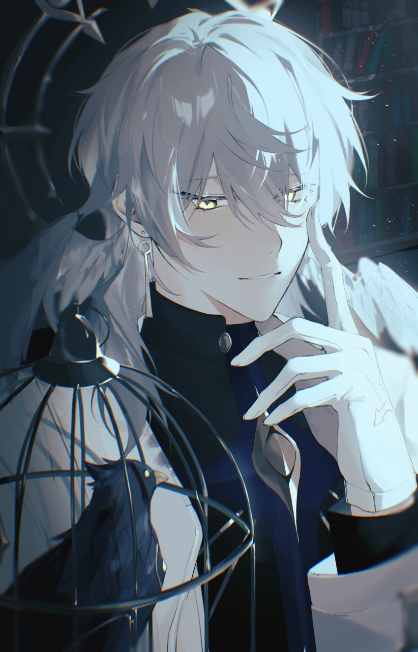 1boy absurdres bird birdcage cage closed_mouth earrings gloves grey_hair hair_between_eyes head_wings highres honkai:_star_rail honkai_(series) jewelry long_sleeves male_focus puyopuyokrg short_hair solo sunday_(honkai:_star_rail) white_gloves white_wings wings yellow_eyes