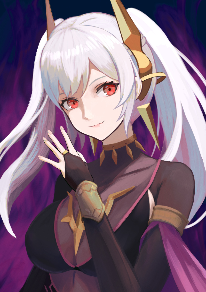 1girl breasts cleavage closed_mouth dark_persona fire fire_emblem fire_emblem_awakening fire_emblem_heroes grima_(fire_emblem) highres labebebe_lee long_hair long_sleeves looking_at_viewer official_alternate_costume purple_fire red_eyes robin_(female)_(fell_tactician)_(fire_emblem) robin_(female)_(fire_emblem) robin_(fire_emblem) smile solo tiara twintails upper_body white_hair