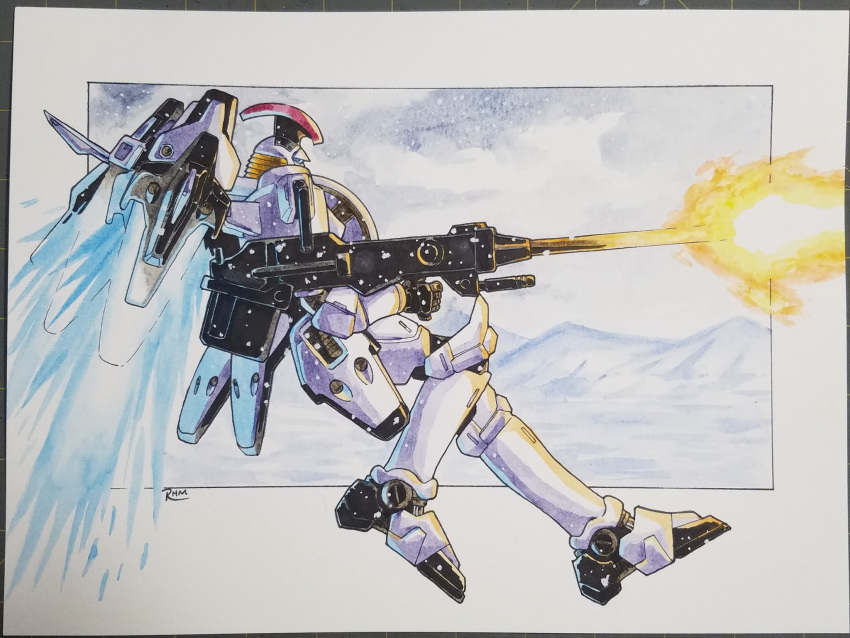 english_commentary firing flying from_side gun gundam gundam_wing henry_(vegeta8259) highres holding holding_gun holding_weapon mecha mobile_suit mountain no_humans science_fiction snowing solo tallgeese traditional_media visor weapon