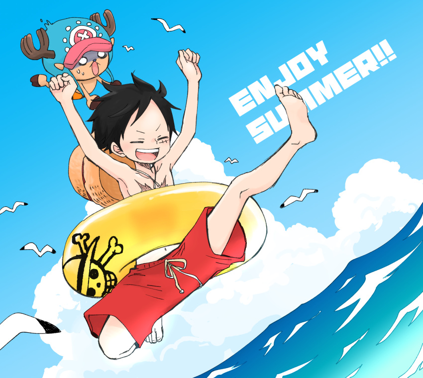 2boys arms_up bird black_hair blank_eyes blue_sky closed_eyes cloud day full_body hat hat_on_back highres inflatable_toy jumping male_focus monkey_d._luffy multiple_boys nervous_sweating ocean one_piece outdoors pokesumomo red_swim_trunks scar scar_on_cheek scar_on_face seagull short_hair sky smile straw_hat sweat sweatdrop tony_tony_chopper topless_male