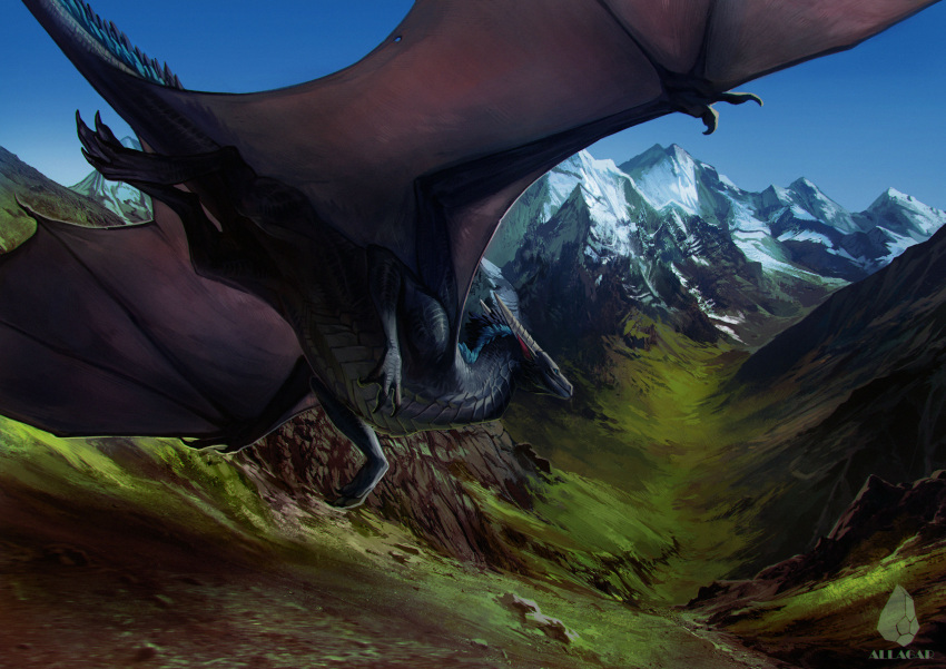 2021 absurd_res allagar ambiguous_gender claws day detailed_background digital_media_(artwork) dragon feral flying hi_res horn membrane_(anatomy) membranous_wings outside scales scalie sky solo spines western_dragon wings