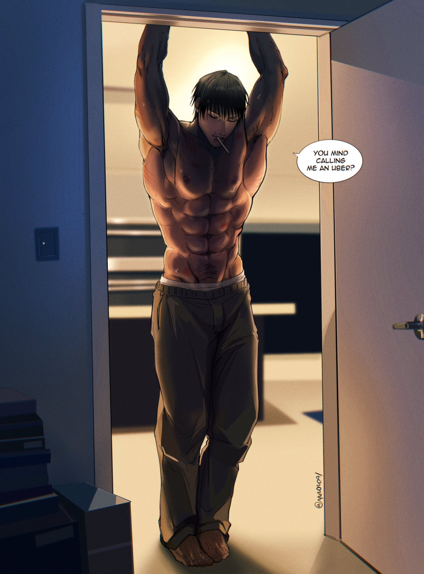 1boy abs bara barefoot black_hair closed_eyes closed_mouth english_text fushiguro_touji grey_pants highres indoors jujutsu_kaisen large_pectorals male_focus muscular muscular_male navel nipples open_door pants pectorals scar scar_on_face scar_on_mouth short_hair solo topless_male twitter_username yuana