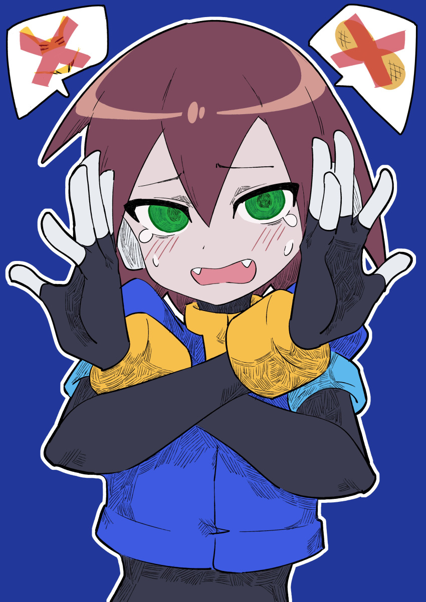 1girl absurdres aile_(mega_man_zx) black_bodysuit blue_background blue_jacket blush bodysuit brown_hair buzzlyears cropped_jacket crossed_out fangs green_eyes highres jacket lum mega_man_(series) mega_man_zx robot_ears short_hair simple_background solo speech_bubble sweat tears urusei_yatsura