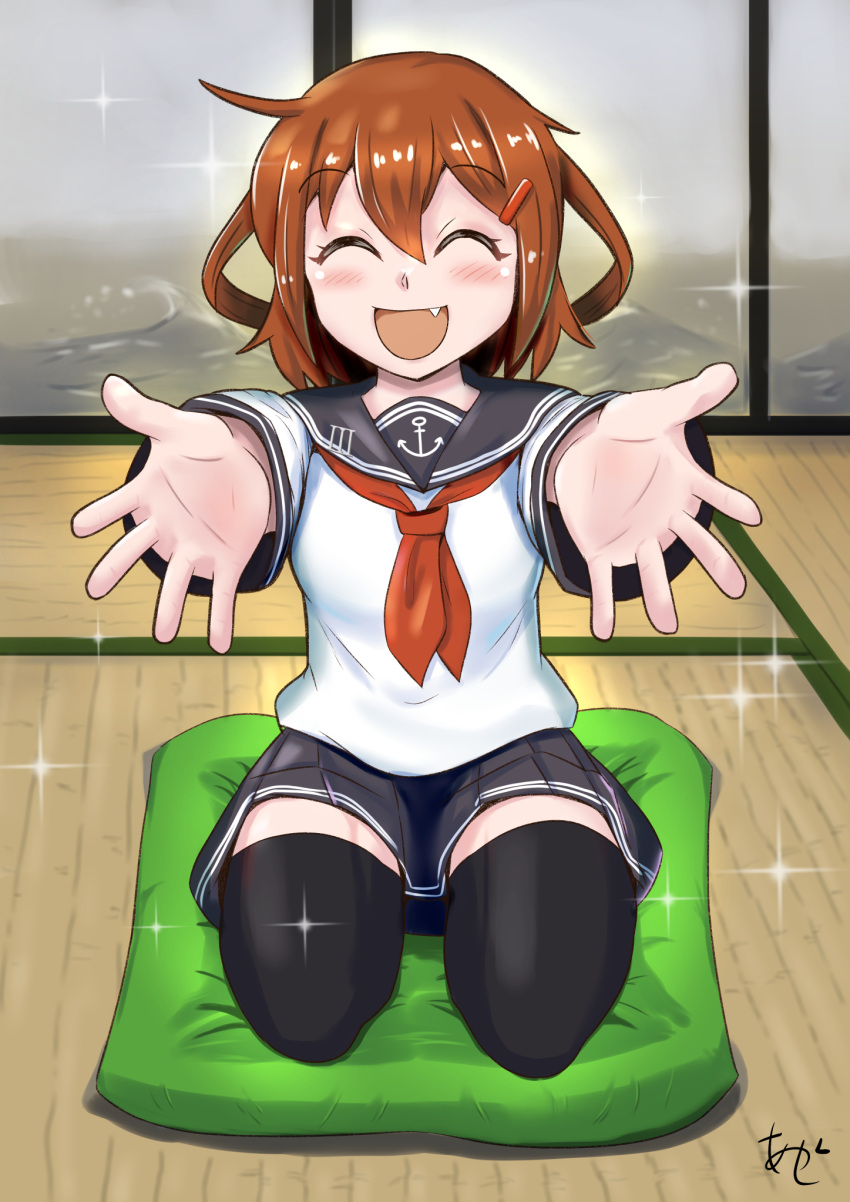 1girl akashieru anchor_symbol artist_logo artist_name black_sailor_collar black_skirt black_thighhighs brown_hair closed_eyes convenient_skirt facing_viewer fang foreshortening hair_ornament hairclip highres ikazuchi_(kancolle) kantai_collection long_sleeves miniskirt neckerchief open_mouth pleated_skirt reaching reaching_towards_viewer red_neckerchief sailor_collar school_uniform seiza serafuku shirt short_hair sitting skirt smile solo sparkle tatami thighhighs white_shirt