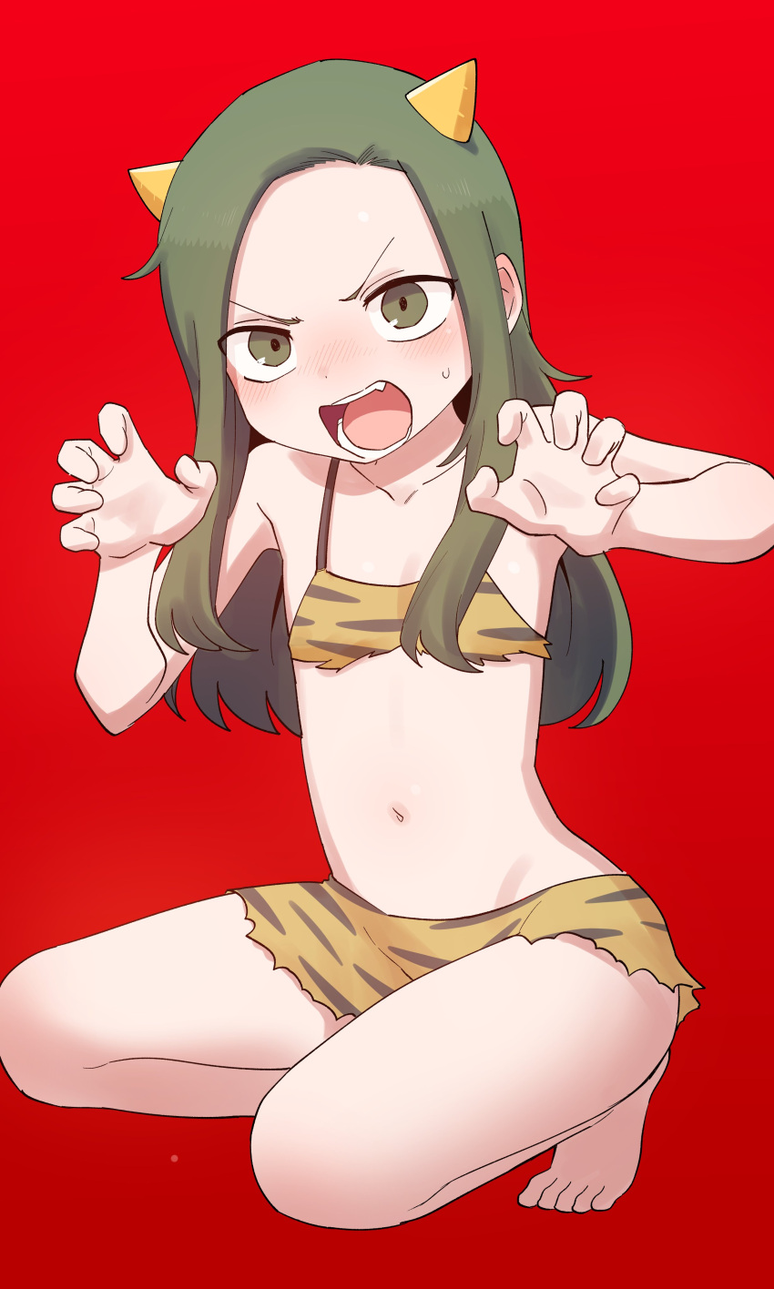 1girl absurdres animal_print blush claw_pose fake_horns fang flat_chest green_eyes green_hair highres horns igarashi_futaba_(shiromanta) medium_hair navel oni oni_costume senpai_ga_uzai_kouhai_no_hanashi setsubun shiromanta squatting strapless tiger_print tube_top yellow_tube_top