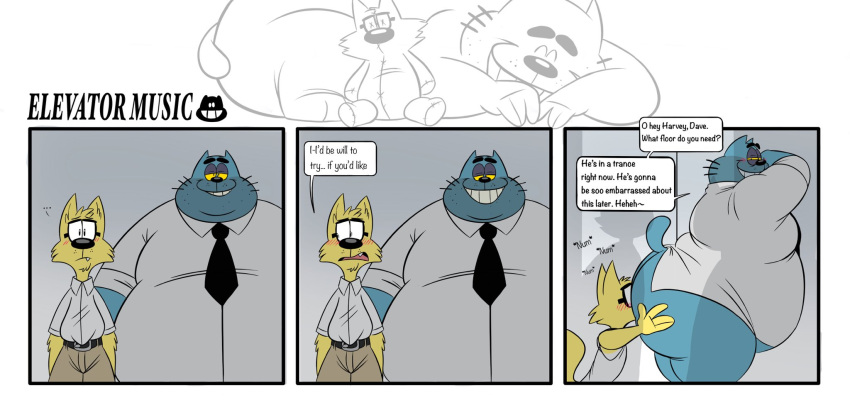 anal anthro belly canid canine canis caught clothed clothing comic domestic_cat domestic_dog duo elevator english_text felid feline felis hi_res male male/male mammal obese obese_male oral overweight overweight_male pants_down partially_clothed public rimming sex size_difference text trashtoonz