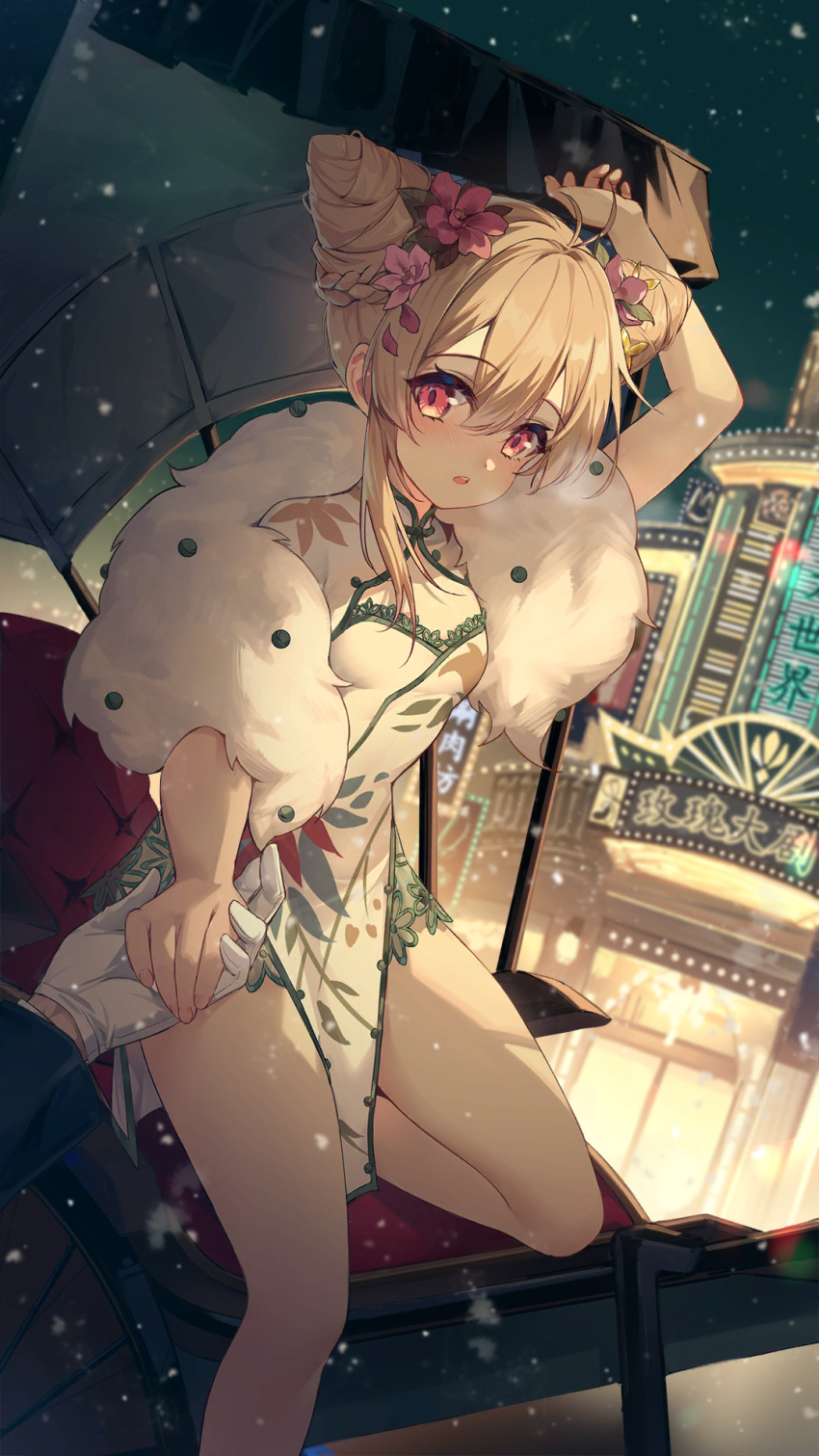 1girl 1other :o antenna_hair arm_up bare_arms bare_legs blonde_hair breasts building china_dress chinese_clothes cleavage_cutout clothing_cutout cone_hair_bun double_bun dress feather_boa flower foot_out_of_frame girl_cafe_gun gloves hair_bun hair_flower hair_ornament highres holding_hands kaanal_scott leg_up looking_at_viewer medium_hair neon_lights night night_sky official_art outdoors outstretched_arm pelvic_curtain pink_eyes pink_flower pov pov_hands rickshaw short_dress sidelighting sky small_breasts snowing solo standing standing_on_one_leg white_dress white_gloves