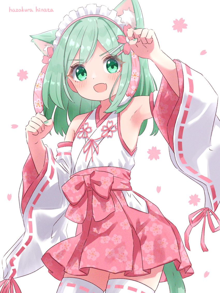 1girl :d absurdres adapted_uniform animal_ear_fluff animal_ears armpits artist_name cat_ears cat_girl cat_tail cherry_blossoms clenched_hand cowboy_shot detached_sleeves dot_nose fang floral_print flower green_eyes green_hair green_nails hair_flower hair_ornament hairclip hands_up hazakura_hinata highres japanese_clothes looking_at_viewer medium_hair miko nail_polish open_mouth original paw_pose pink_skirt polka_dot ribbon-trimmed_sleeves ribbon_trim simple_background skin_fang skirt smile solo tail thighhighs variant_set white_background white_thighhighs wide_sleeves