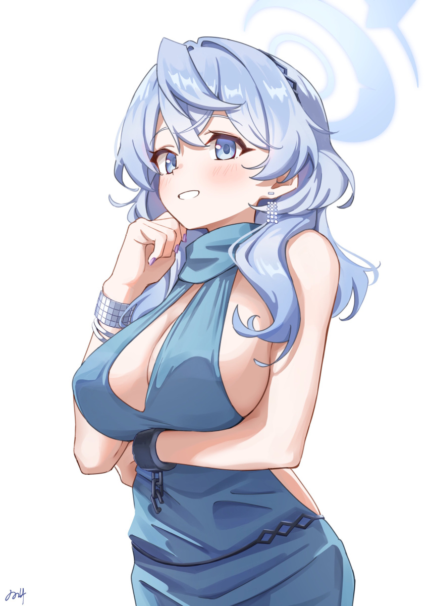 1girl absurdres ako_(blue_archive) ako_(dress)_(blue_archive) arm_under_breasts bare_arms bare_shoulders blue_archive blue_dress blue_hair blue_halo bracelet breasts chain commentary cuffs dress earrings hair_between_eyes halo highres jewelry large_breasts light_blush long_hair looking_at_viewer nail_polish nuurise2023 official_alternate_costume parted_lips plunging_neckline purple_nails shackles sideboob sideless_dress signature simple_background sleeveless sleeveless_dress smile solo upper_body white_background