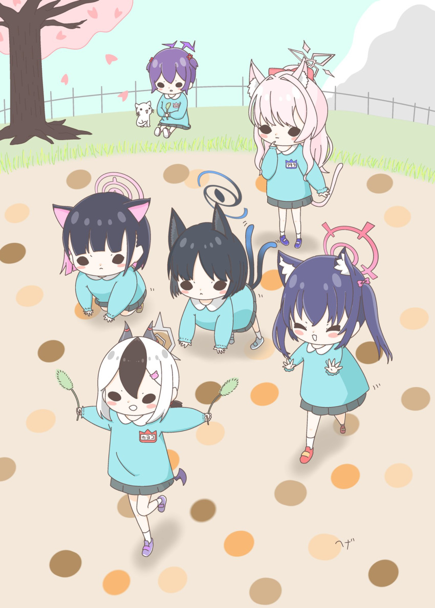 6+girls ^_^ aged_down akira_(blue_archive) animal_ears black_hair blue_archive blush cat_ears character_request closed_eyes commentary_request halo hegetarou highres kayoko_(blue_archive) kazusa_(blue_archive) kikyou_(blue_archive) kindergarten_uniform long_sleeves multiple_girls multiple_tails outdoors pink_hair purple_hair school_uniform serika_(blue_archive) short_hair tail two_tails white_hair