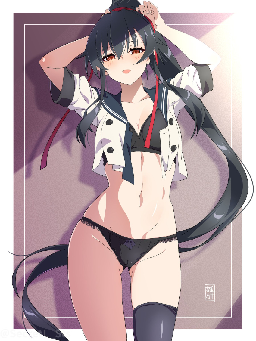 1girl absurdres asymmetrical_legwear black_bra black_hair blush bra breasts collarbone hair_between_eyes highres kantai_collection large_breasts long_hair looking_at_viewer open_clothes open_mouth open_shirt panties ponytail red_eyes sailor_collar school_uniform sebunsu sidelocks smile solo underwear very_long_hair yahagi_(kancolle)