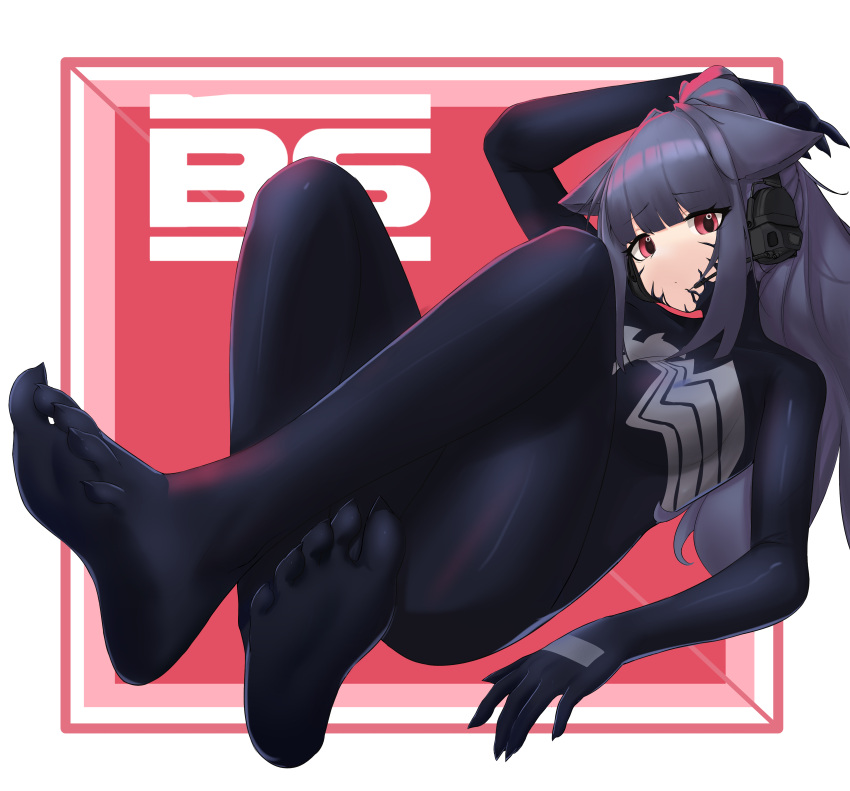 1girl absurdres alternate_eye_color animal_ears arknights arm_up blue_hair blunt_bangs bodysuit cat_ears commentary_request cosplay headphones highres jessica_(arknights) long_hair looking_at_viewer marvel panzi_panzer red_eyes solo spider-man_(series) thighs venom_(marvel) venom_(marvel)_(cosplay)