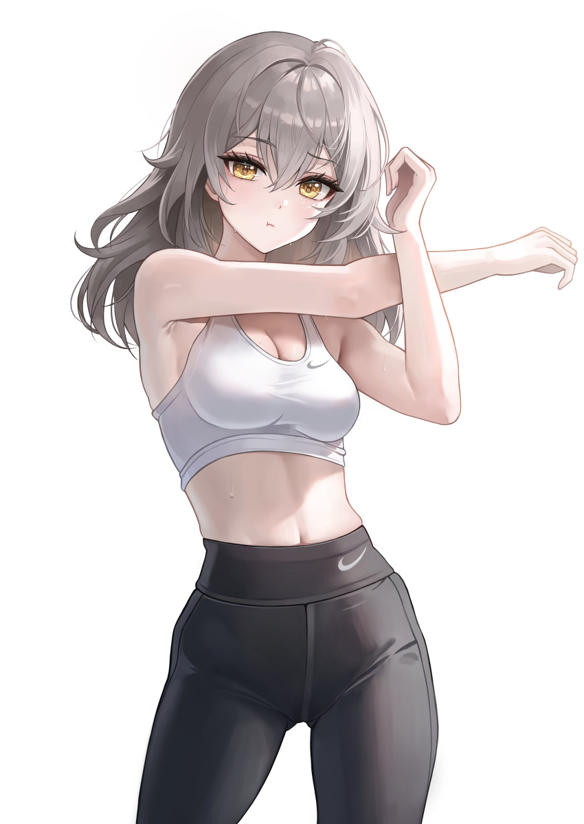 1girl :t absurdres armpit_crease blush bra breasts closed_mouth cowboy grey_hair highres honkai:_star_rail honkai_(series) leggings long_hair looking_at_viewer medium_breasts medium_hair nike_(company) pants poise pout simple_background solo sports_bra sportswear stelle_(honkai:_star_rail) stretching sweatpants trailblazer_(honkai:_star_rail) underwear white_background white_bra yellow_eyes