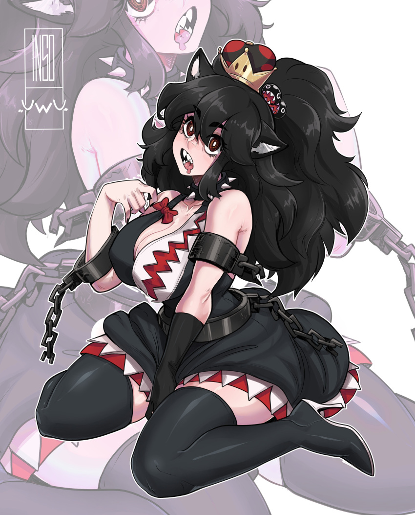 1girl absurdres black_dress black_footwear black_hair black_nails boots breasts brown_eyes cleavage collar collarbone dress high_heel_boots high_heels highres insouwu large_breasts long_hair mario_(series) new_super_mario_bros._u_deluxe open_mouth ponytail princess_chain_chomp sharp_teeth solo spiked_collar spikes super_crown teeth thigh_boots