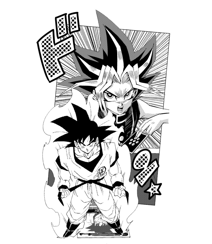 2boys absurdres belt black_eyes black_hair blonde_hair card crossover dougi dragon_ball dragon_ball_z dyed_bangs fenyon greyscale highres holding holding_card looking_at_viewer male_focus monochrome multicolored_hair multiple_boys muscular muscular_male open_mouth pants pectorals saiyan shirt short_hair son_goku spiked_hair wristband yami_yuugi yu-gi-oh! yu-gi-oh!_duel_monsters