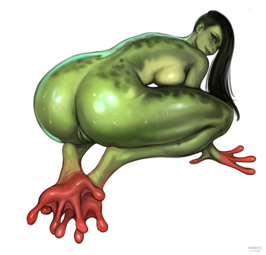 amphibian amphibian_humanoid animal_humanoid anus atomx black_hair breasts butt feet female frog_humanoid genitals green_body green_lips green_skin hair humanoid lips looking_at_viewer looking_back looking_back_at_viewer membrane_(anatomy) nude pussy sidecut simple_background solo toes webbed_feet wet white_background
