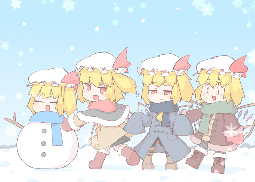 4girls :d =_= alternate_costume ascot blonde_hair blue_coat blue_scarf boots capelet chibi coat commentary_request crystal flandre_scarlet four_of_a_kind_(touhou) full_body fur-trimmed_boots fur-trimmed_capelet fur-trimmed_jacket fur_trim green_scarf hat hat_ribbon highres jacket mittens mob_cap multiple_girls one_side_up red_eyes red_scarf ribbon scarf short_hair sleeves_past_fingers sleeves_past_wrists smile snowflakes snowman solid_oval_eyes thick_eyebrows touhou white_headwear wings winter_clothes winter_coat yellow_ascot zenerat