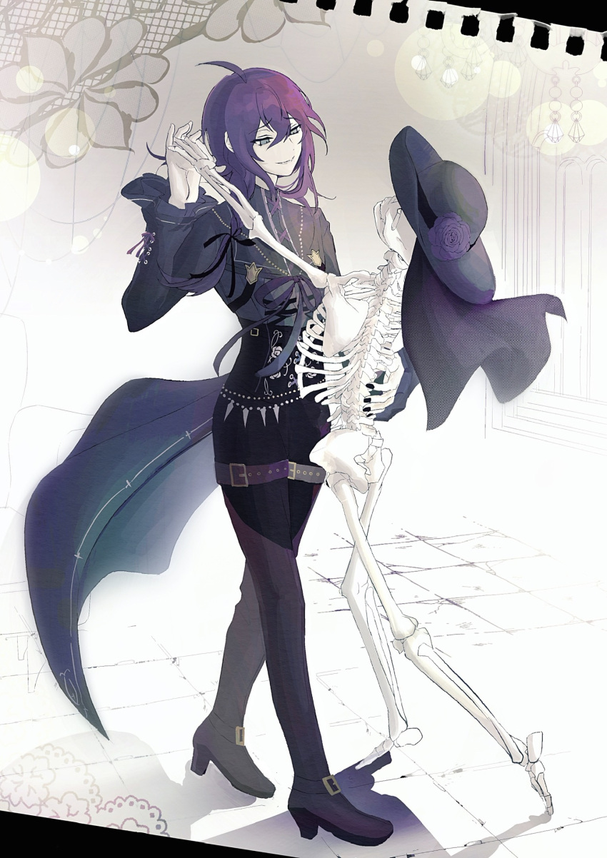 1boy ahoge aqua_eyes ayase_mayoi black_footwear black_headwear black_pants black_shirt braid ensemble_stars! full_body gothic high_heels highres holding_hands long_hair male_focus pale_skin pants podo_mayo purple_hair shirt skeleton solo waltz_(dance)