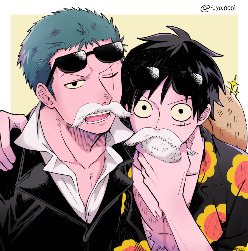 10nemuiyo 2boys absurdres arm_around_shoulder black_eyes black_hair black_suit eyewear_on_head fake_beard fake_facial_hair fake_mustache floral_print green_hair hat hat_on_back highres looking_at_viewer male_focus monkey_d._luffy multiple_boys one_eye_closed one_piece open_clothes pectoral_cleavage pectorals print_shirt roronoa_zoro scar scar_across_eye scar_on_cheek scar_on_chest scar_on_face shirt short_hair side-by-side sideburns simple_background straw_hat suit sunflower_print sunglasses upper_body yellow_background