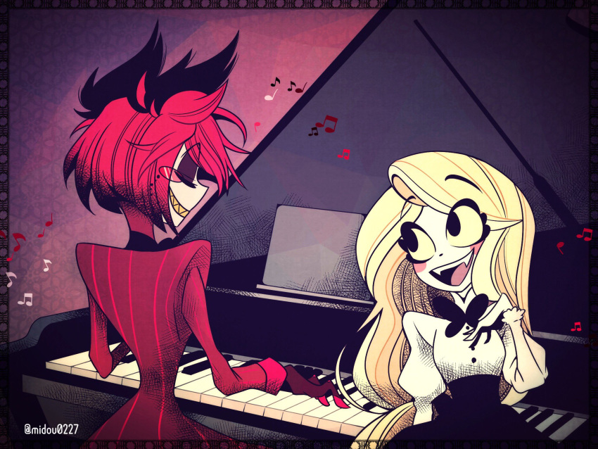 1boy 1girl alastor_(hazbin_hotel) alternate_costume black_eyes black_hair blonde_hair charlie_morningstar closed_eyes commentary_request formal grin hand_on_own_chest hazbin_hotel highres instrument long_hair multicolored_hair music playing_instrument playing_piano red_hair sharp_teeth short_hair singing sitting smile teeth yu_tang